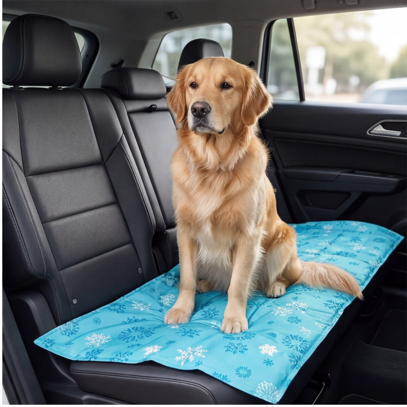 Dog sitting on a blue pet mat in the back seat of a car