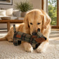 labrador playing with tweed tartan soft dog toy