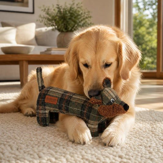 labrador playing with tweed tartan soft dog toy