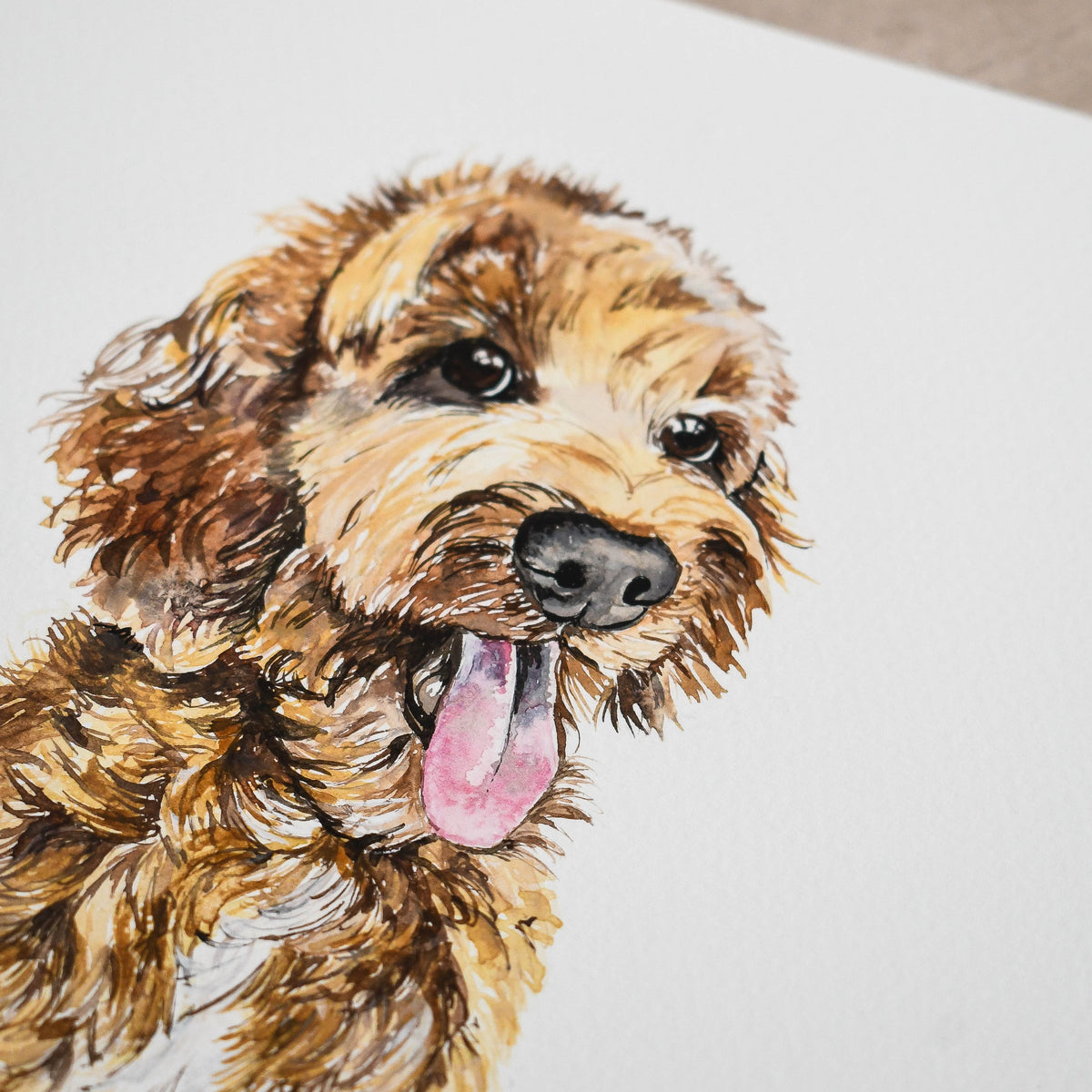 Close-up detail of a hand-painted dog watercolour portrait