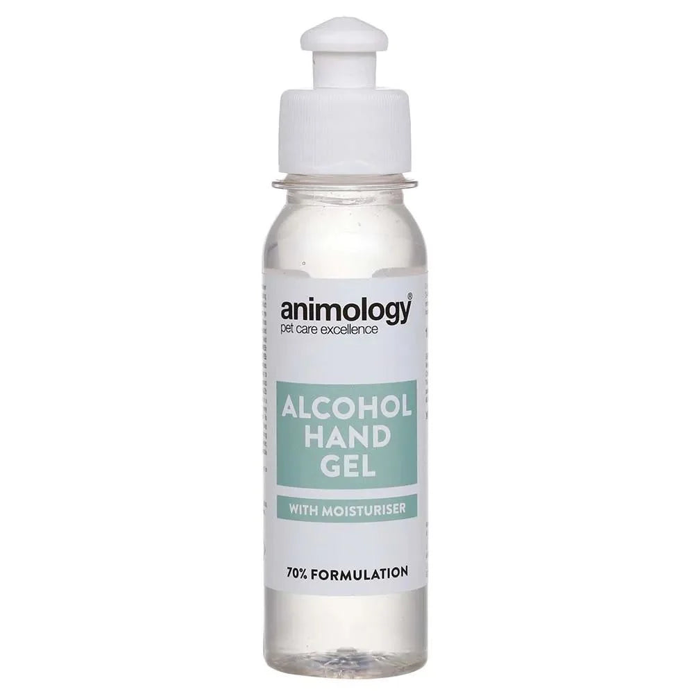 Bottle of animology alcohol hand gel on a white background