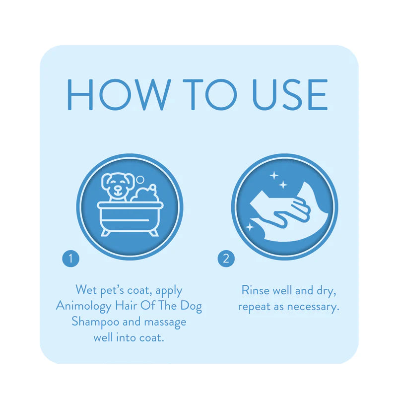 Instructions for using a pet shampoo with icons and text on a light blue background