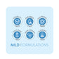 Icon set of product safety features on a light blue background with 'Mild Formulations' text.