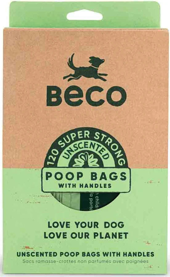 Beco poop bags packaging with a cardboard box and green label.