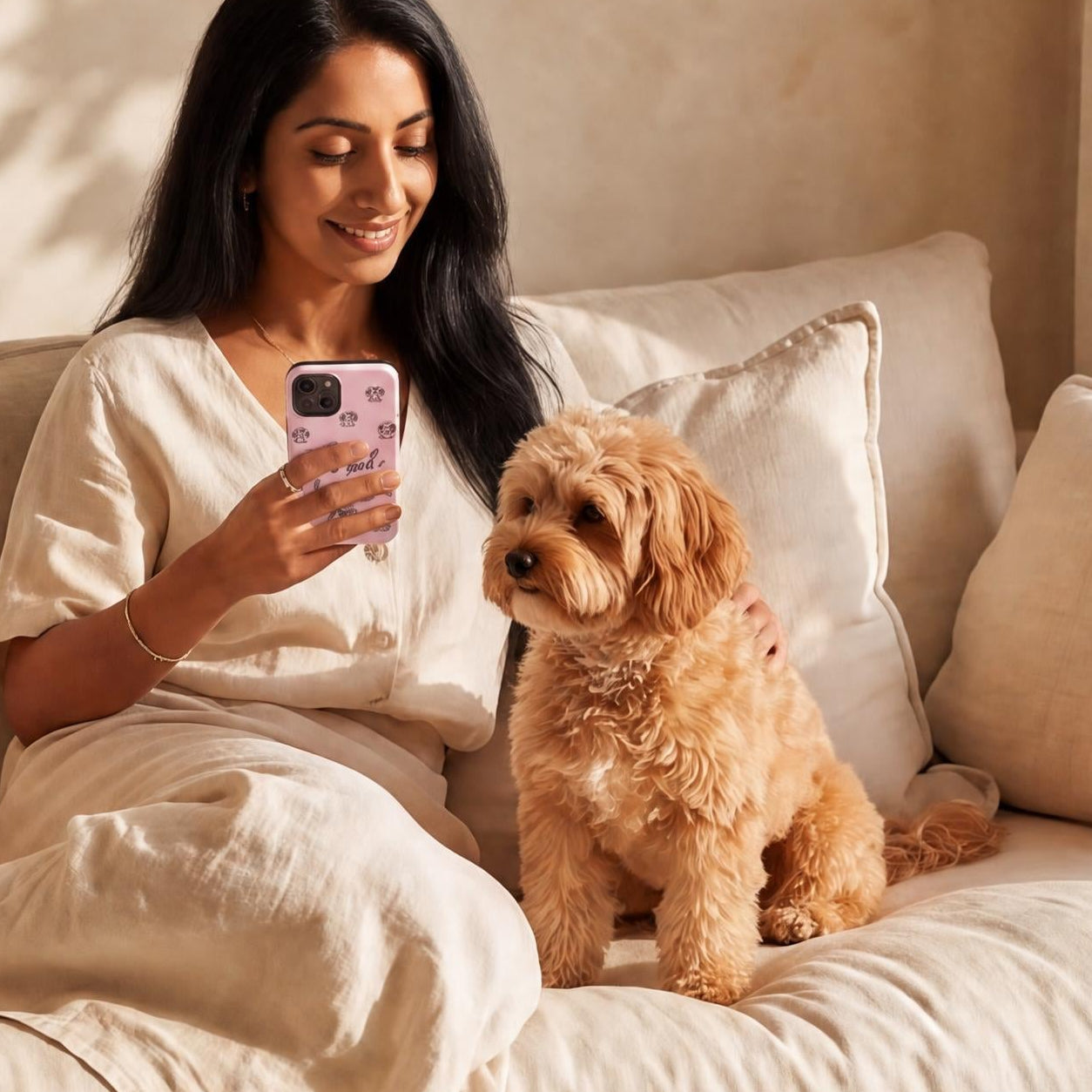 A woman in a cream linen outfit sits on a matching beige sofa with pillows, holding a phone while a small fluffy tan dog rests beside her in a warm, sunlit room.