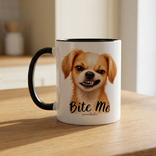 ceramic mug with black handle and dog design and Bite Me slogan