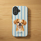 A phone case featuring a vertical light blue and cream stripe pattern with a watercolor illustration of an angry Chihuahua dog and the name 'poochella' printed below.