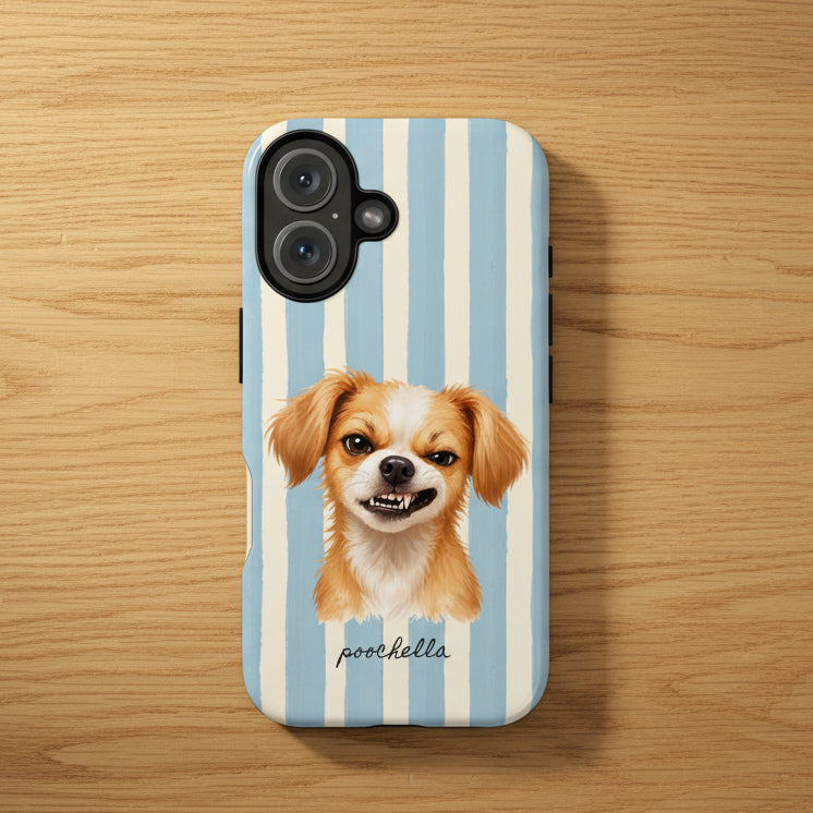 A phone case featuring a vertical light blue and cream stripe pattern with a watercolor illustration of an angry Chihuahua dog and the name 'poochella' printed below.