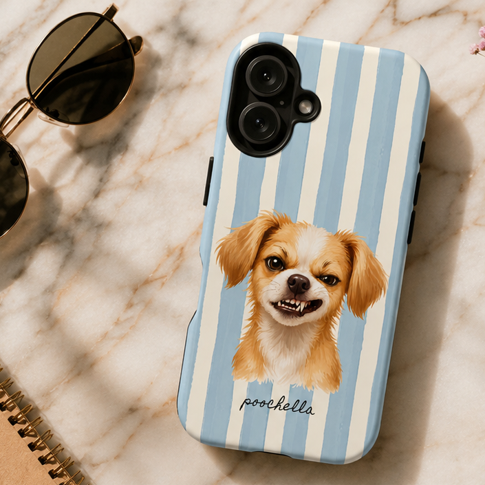  a phone case with a chihuahua portrait printed on it, featuring light blue and white vertical stripes.