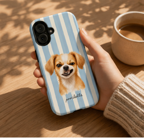  a phone case with a chihuahua portrait printed on it, featuring light blue and white vertical stripes. hand holding the case near a cup of coffee