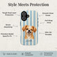 A phone case featuring a Chihuahua portrait on a light blue and white striped background, surrounded by marketing text callouts about its protective features. The bottom banner includes compatibility and design credits.