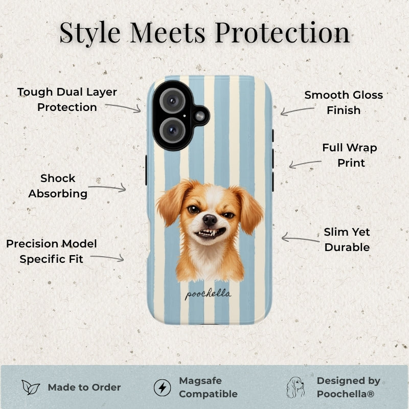 A phone case featuring a Chihuahua portrait on a light blue and white striped background, surrounded by marketing text callouts about its protective features. The bottom banner includes compatibility and design credits.