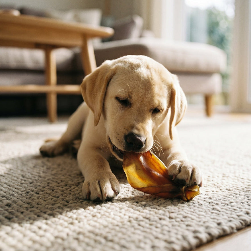 Puppy chewing on a buffalo ear chew in a living room.