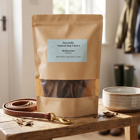 A kraft paper stand-up pouch of Poocchelle Natural Dog Chews Buffalo Ears dry dog food stands on a rustic wooden bench in a bright, real indoor setting. A brown leather leash and a ceramic bowl are placed nearby, with a blurred home interior in the background.