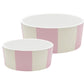 Two ceramic pet bowls with pink and white striped pattern on a white background