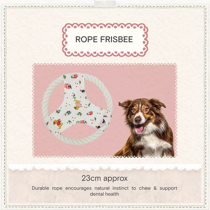 Dog rope frisbee with floral pattern and a dog on a pink background, labeled 'Rope Frisbee'.