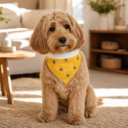 Dog wearing a yellow bandana with a pattern in a living room setting