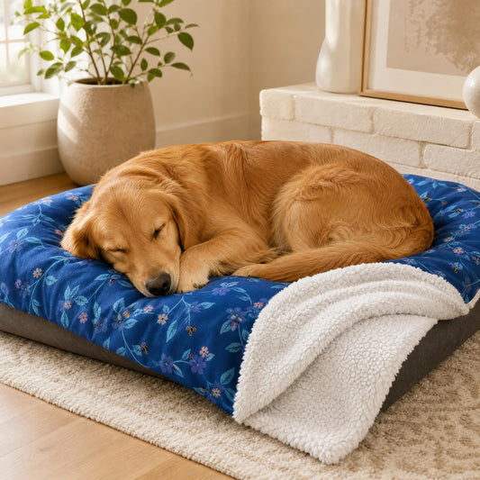 Dog sleeping on a blue floral-patterned pet bed with a white blanket in a cozy room.