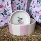 pink striped pet bowl with cowgirl print
