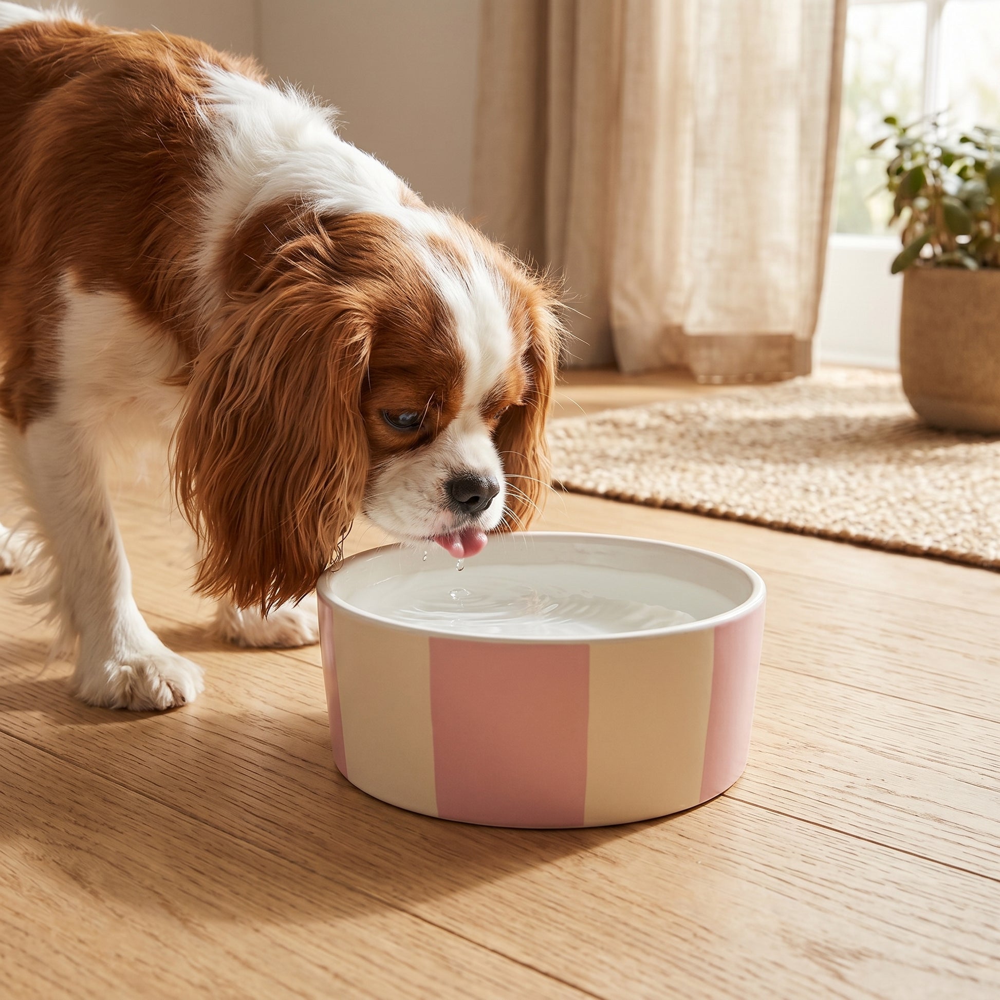 Dog drinking water from a pink and white bowl on a wooden floor.
