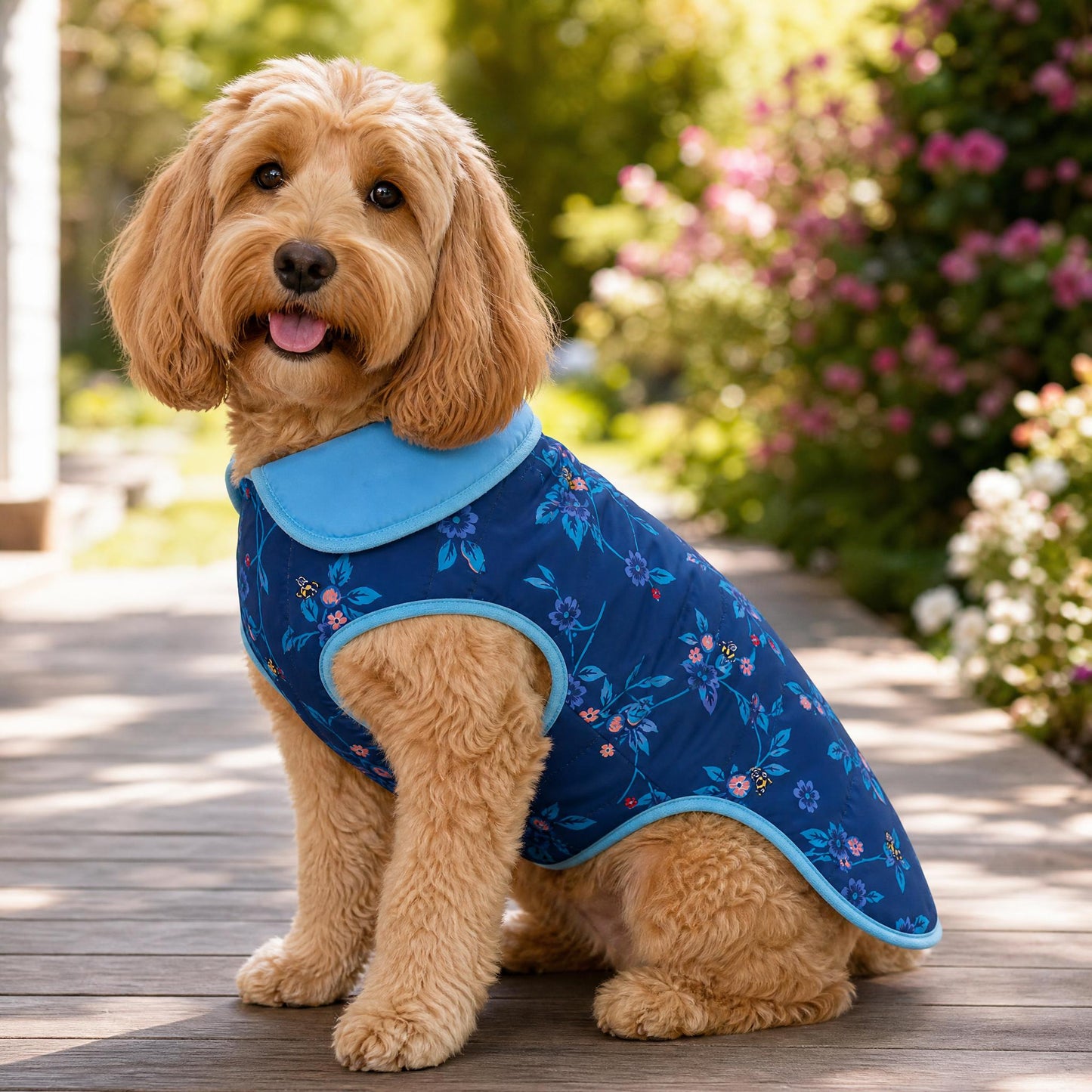 Cath Kidston® Greenwich Flowers Reversible Puffer Dog Coat – Blue Floral Dog Jacket | Warm Dog Coat UK