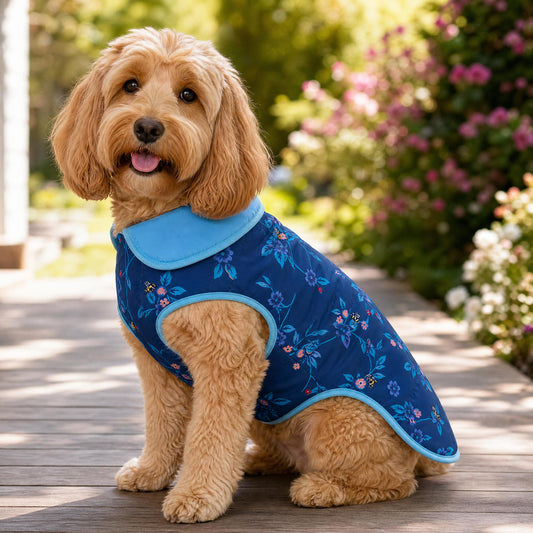 Cath Kidston® Greenwich Flowers Reversible Puffer Dog Coat – Blue Floral Dog Jacket | Warm Dog Coat UK