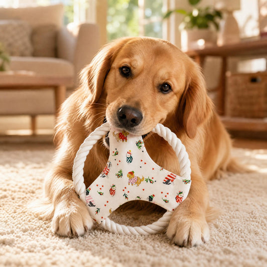 Dog playing with a round rope frisbee toy on a carpeted floor.