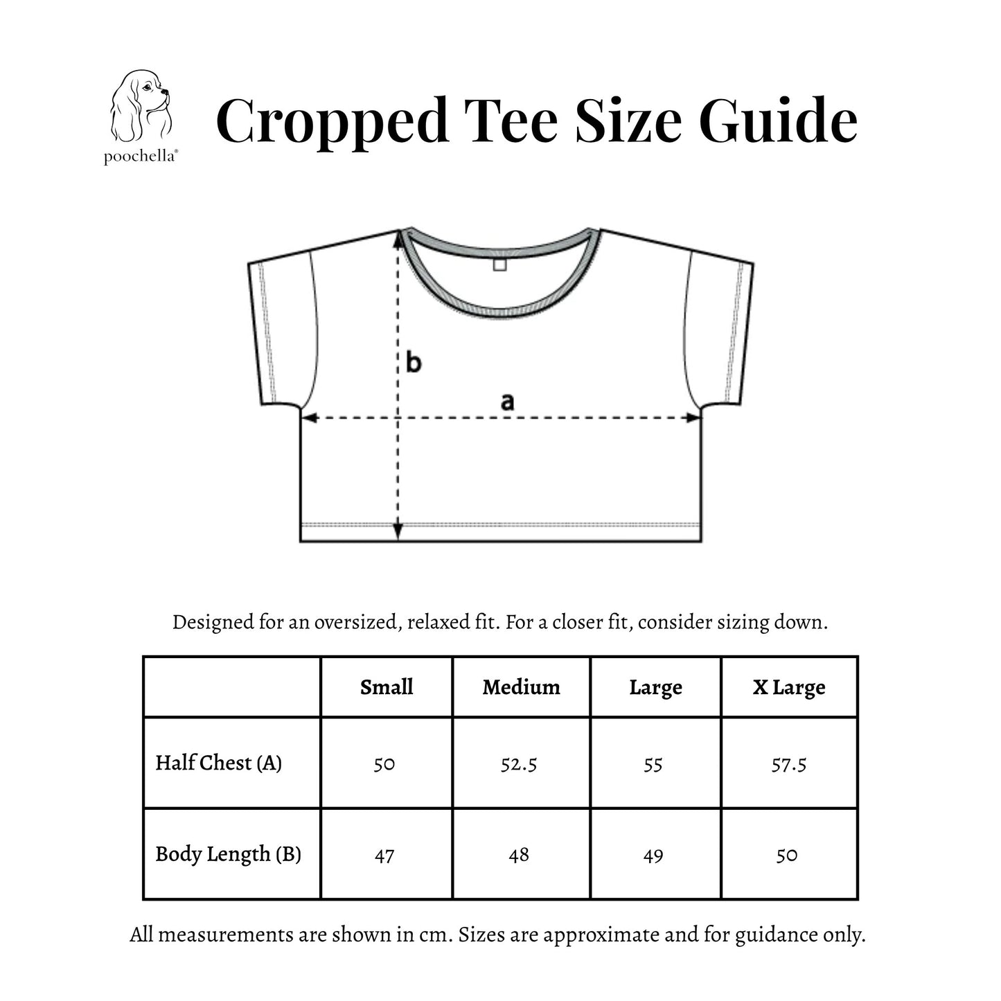 Cropped Tee Size Guide with measurements and brand logo