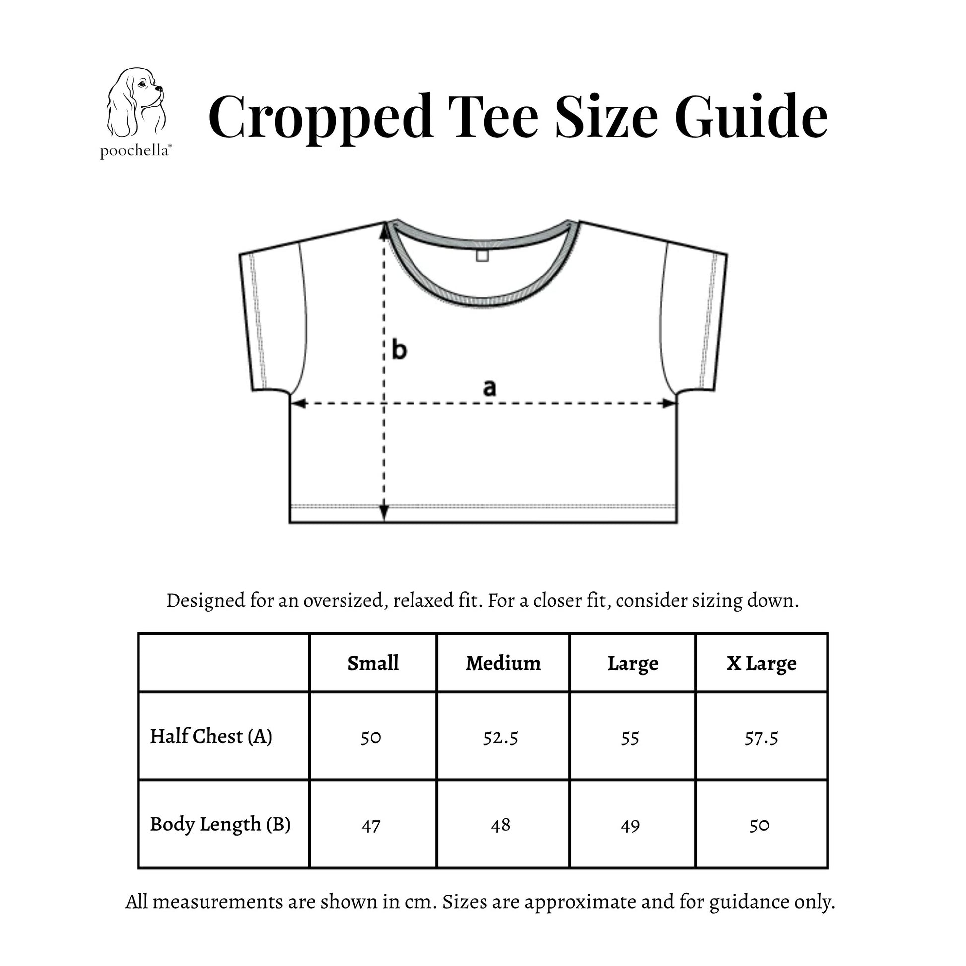 Cropped Tee Size Guide with measurements and brand logo