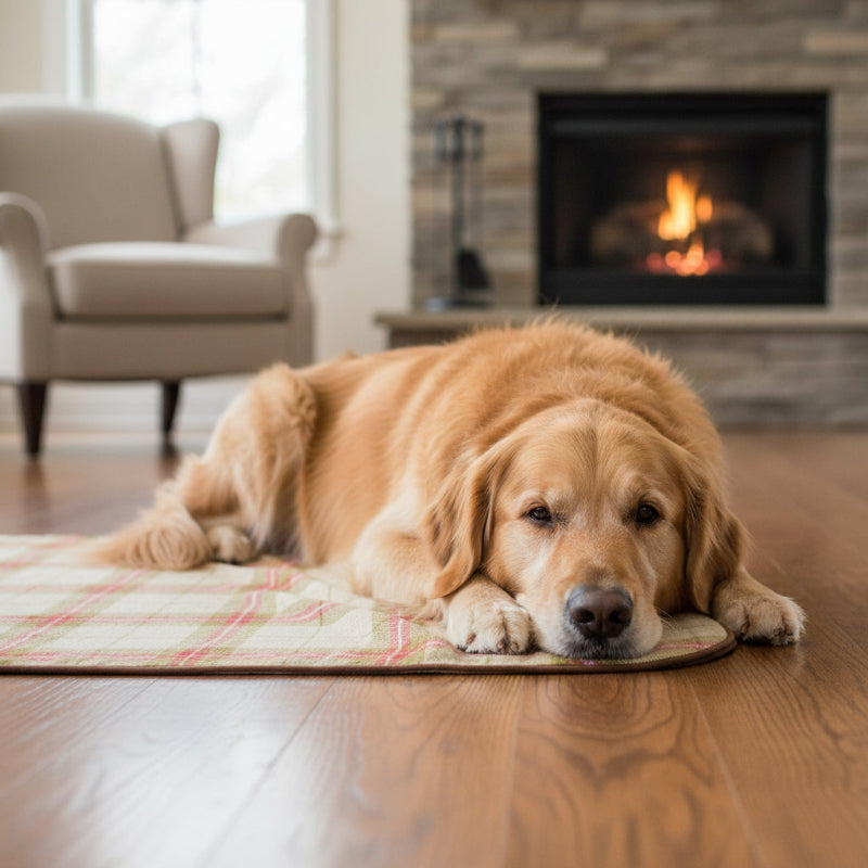 dog laying Plaid blanket with a contrasting inner layer on a white background