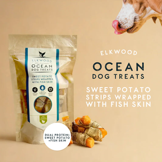Elkwood sweet potato and fish dog treats on beige background with packaging 