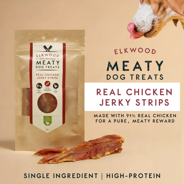 Elkwood Meaty Dog Treats package with chicken jerky strips on a beige background