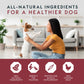 Woman holding a dog in a living room with text about all-natural ingredients for a healthier dog.