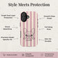 A phone case with a pink and cream vertical stripe pattern and a black line art illustration of a French Bulldog, shown on a textured light beige background with feature callouts and branding text.
