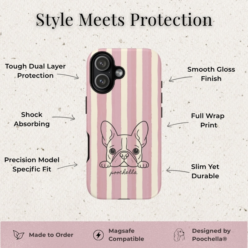 A phone case with a pink and cream vertical stripe pattern and a black line art illustration of a French Bulldog, shown on a textured light beige background with feature callouts and branding text.