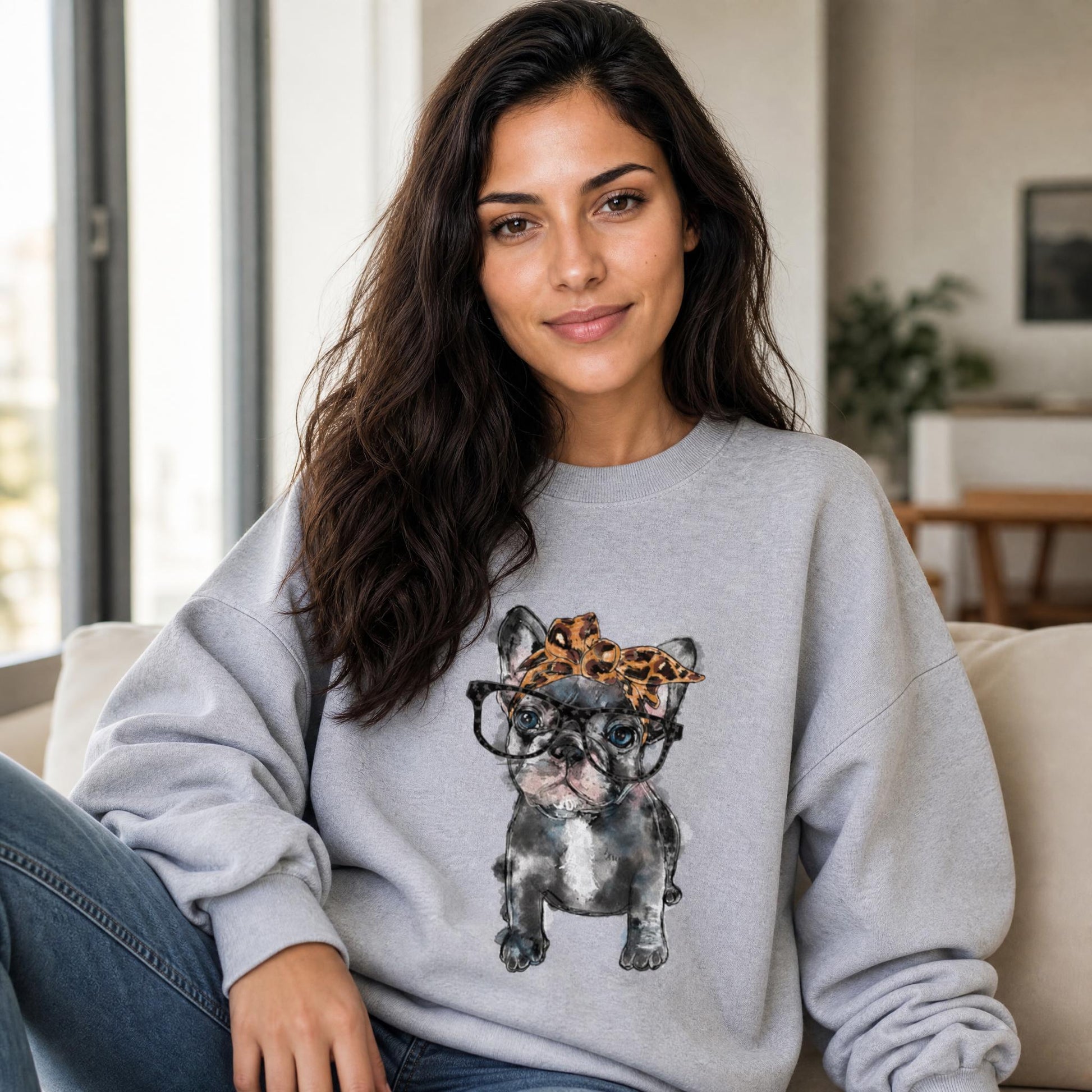 Woman wearing a gray sweatshirt with a dog graphic sitting on a couch.