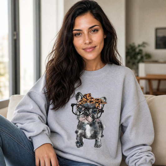 Woman wearing a gray sweatshirt with a dog graphic sitting on a couch.