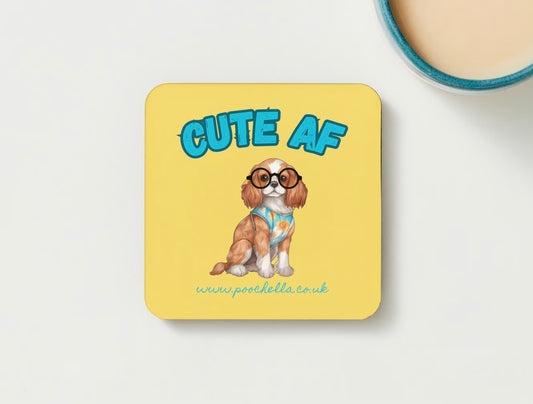 Poochella®️ Cute AF King Charles Cavalier Square Wood Single Coaster Yellow