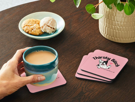 Poochella®️ Pack of 4 Thirsty Bitch French Bulldog Square Wood Coasters Pink