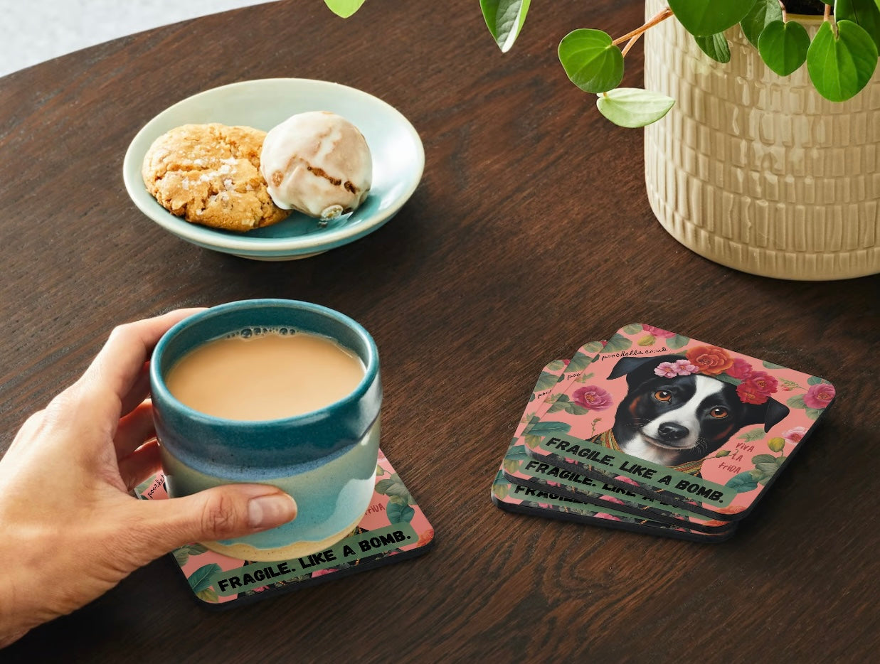 Poochella®️ Pack of 4 Viva La Frida Square Wood Coasters. Fragile. Like a Bomb