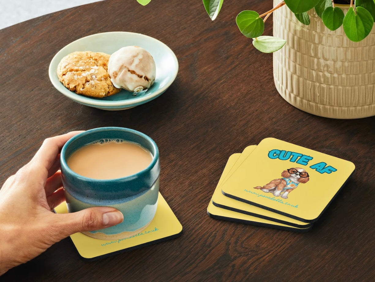 Poochella®️ Pack of 4 Cute AF King Charles Cavalier Wood Square Coasters Yellow