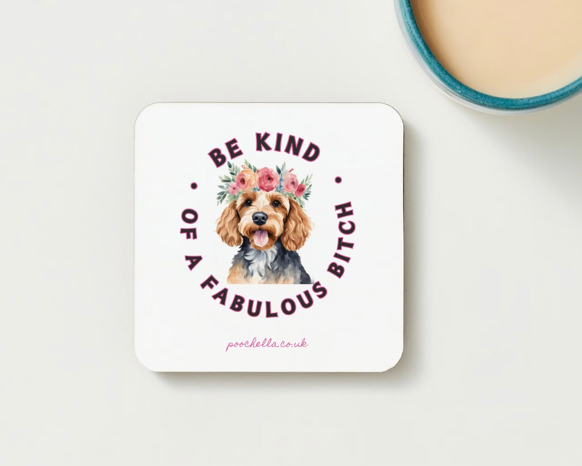 Poochella®️ Be Kind… of a Fab Bitch Cockapoo Square Wood Single Coaster