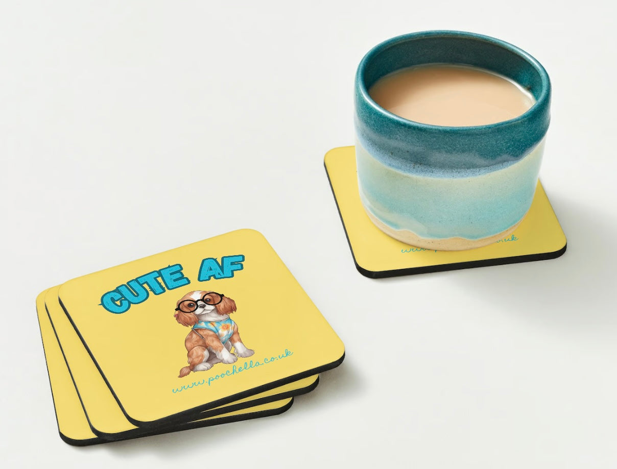 Poochella®️ Pack of 4 Cute AF King Charles Cavalier Wood Square Coasters Yellow