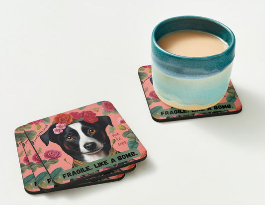 Poochella®️ Pack of 4 Viva La Frida Square Wood Coasters. Fragile. Like a Bomb