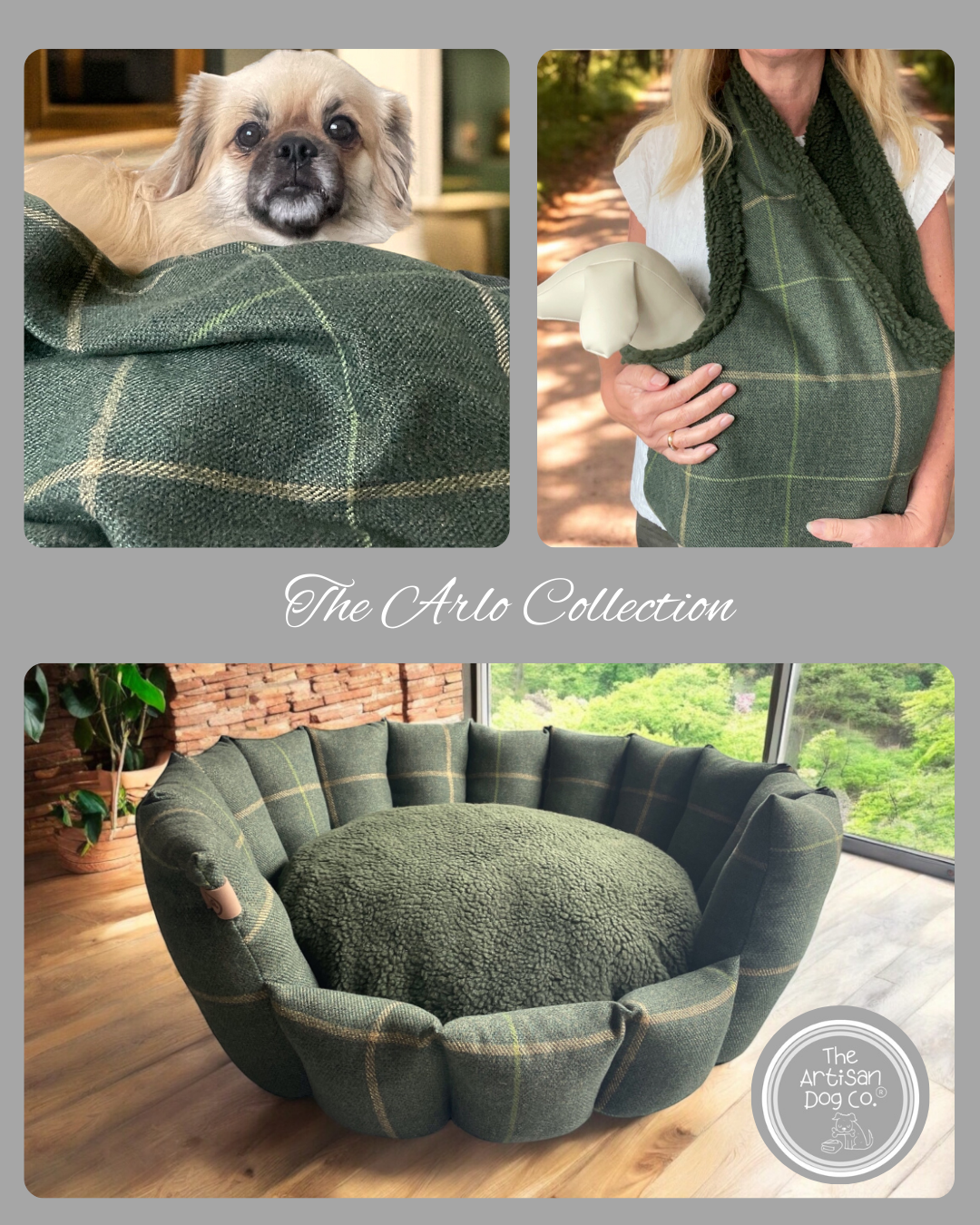 Green plaid pet bed, blanket, and dog in a collage with 'The Arlo Collection' branding.