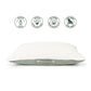 White pillow with green accent on a white background, featuring eco-friendly icons.