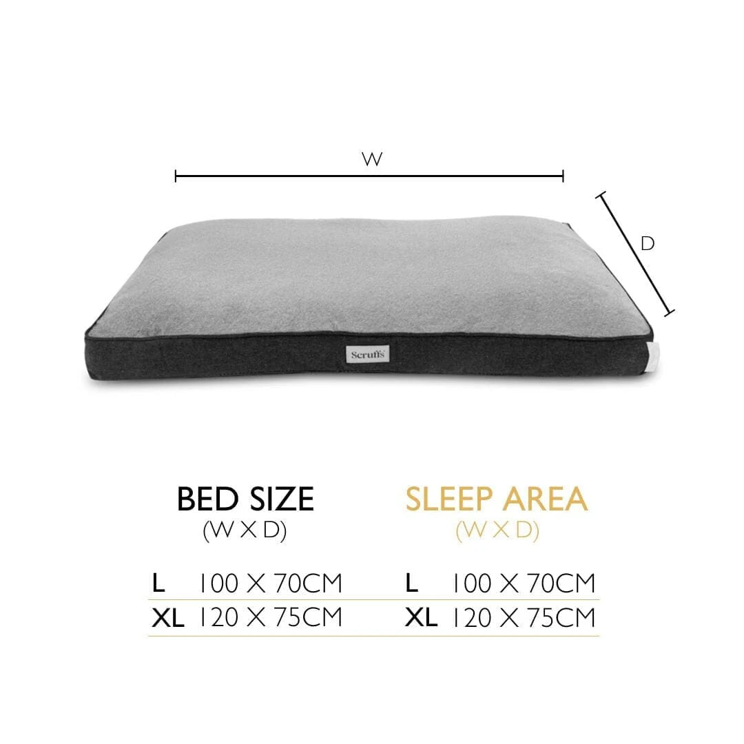 Dog bed with dimensions labeled on a white background