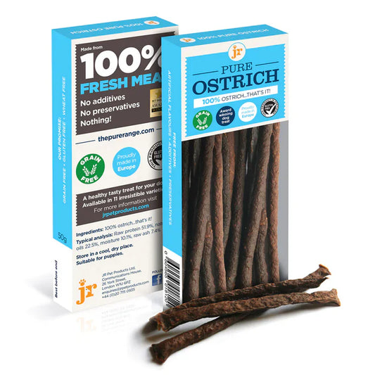 Two packages of Pure Ostrich treats with visible branding on a white background