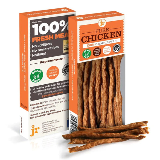 Box of Pure Chicken dog treats with visible chicken sticks on a white background