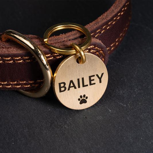 Custom Personalised Laser Engraved Round Pet Dog Cat ID Tag Brass Bronze Double Sided